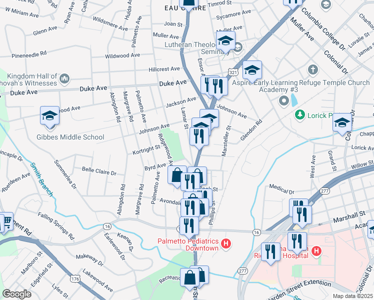 map of restaurants, bars, coffee shops, grocery stores, and more near 3713 Lamar Street in Columbia