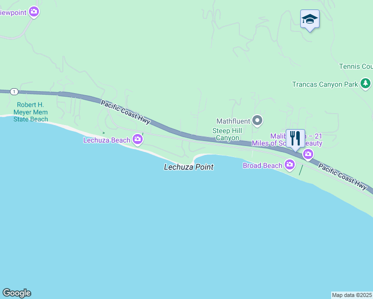 map of restaurants, bars, coffee shops, grocery stores, and more near 31550 Victoria Point Road in Malibu