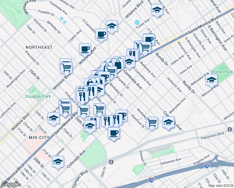 map of restaurants, bars, coffee shops, grocery stores, and more near 1507 Stanford Street in Santa Monica
