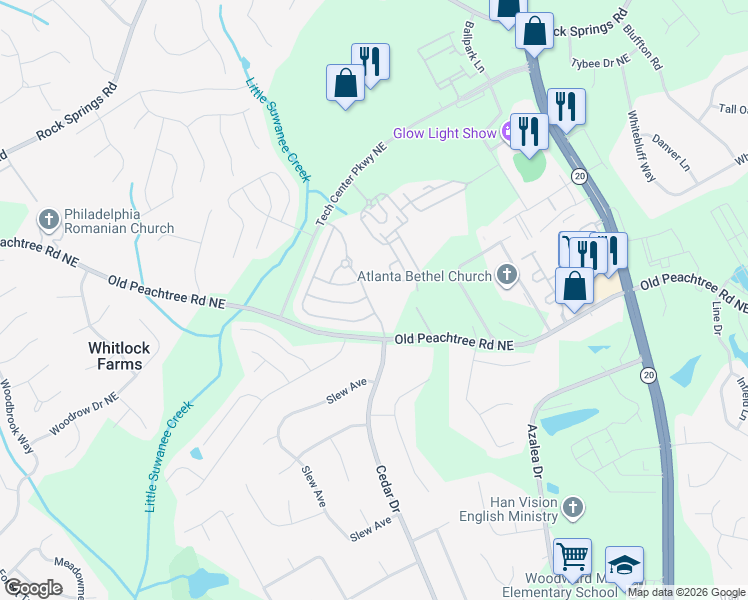 map of restaurants, bars, coffee shops, grocery stores, and more near 2635 Cedar Drive in Lawrenceville