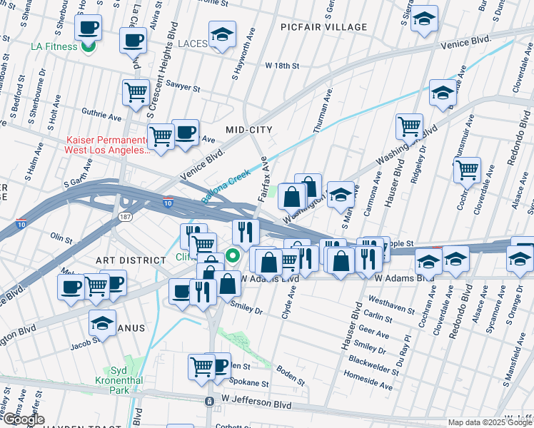 map of restaurants, bars, coffee shops, grocery stores, and more near 5603 Washington Boulevard in Los Angeles