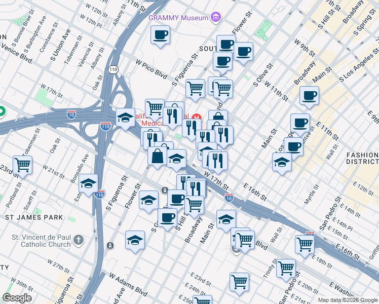 map of restaurants, bars, coffee shops, grocery stores, and more near 319 West 17th Street in Los Angeles