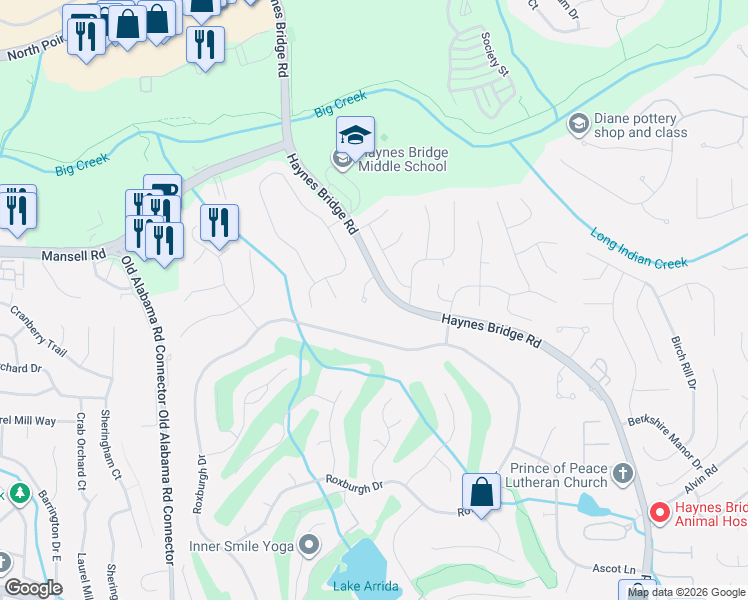map of restaurants, bars, coffee shops, grocery stores, and more near 10570 Haynes Bridge Road in Alpharetta