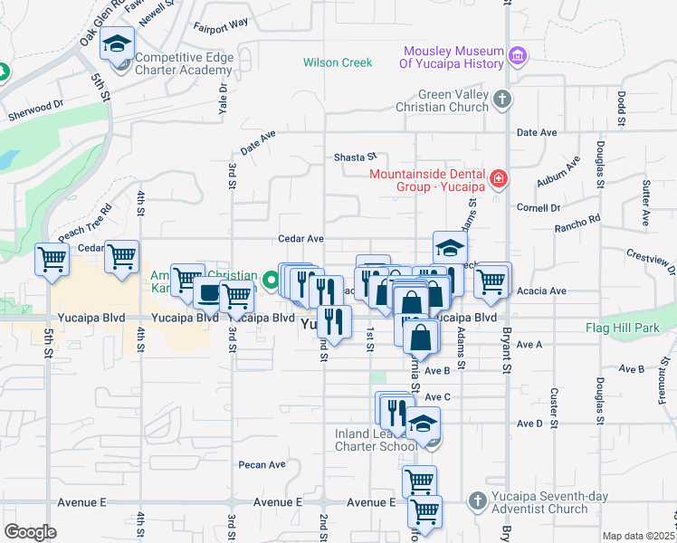 map of restaurants, bars, coffee shops, grocery stores, and more near 34954 Acacia Avenue in Yucaipa