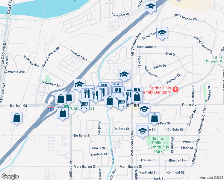 map of restaurants, bars, coffee shops, grocery stores, and more near 12009 Aspen Circle in Grand Terrace