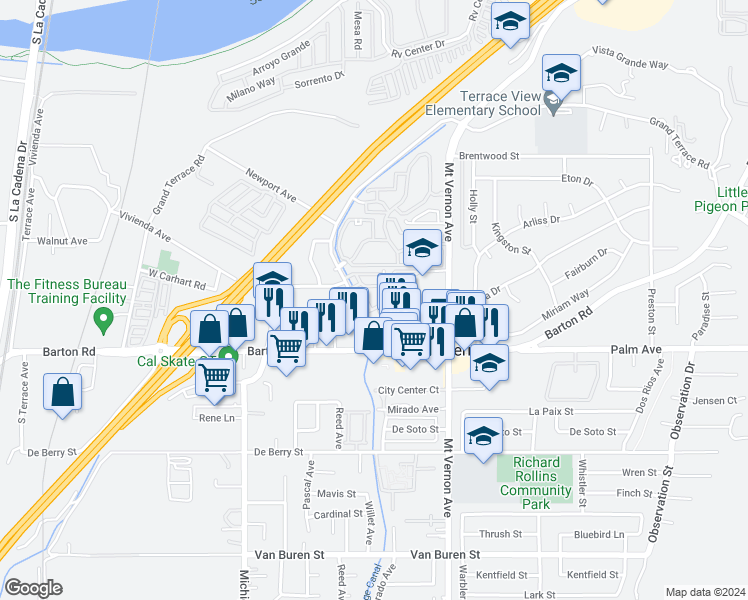 map of restaurants, bars, coffee shops, grocery stores, and more near 12009 Aspen Circle in Grand Terrace