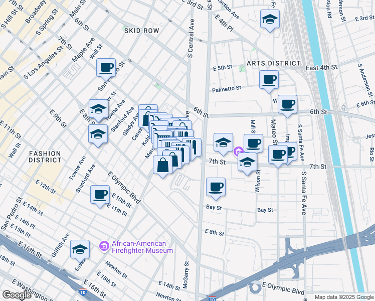 map of restaurants, bars, coffee shops, grocery stores, and more near 767 Alameda Street in Los Angeles