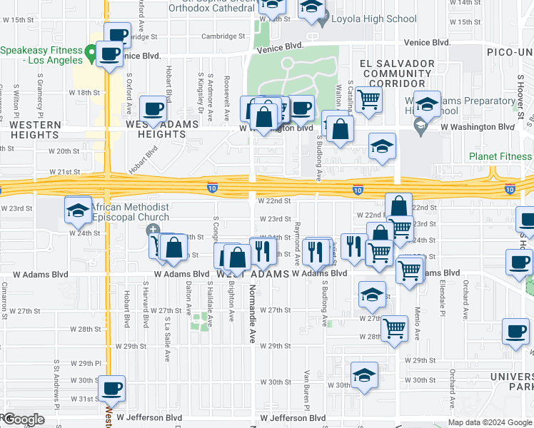 map of restaurants, bars, coffee shops, grocery stores, and more near in Los Angeles