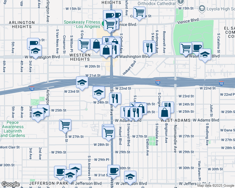 map of restaurants, bars, coffee shops, grocery stores, and more near 2249 South Hobart Boulevard in Los Angeles