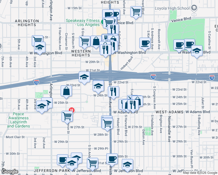 map of restaurants, bars, coffee shops, grocery stores, and more near 2231 South Western Avenue in Los Angeles