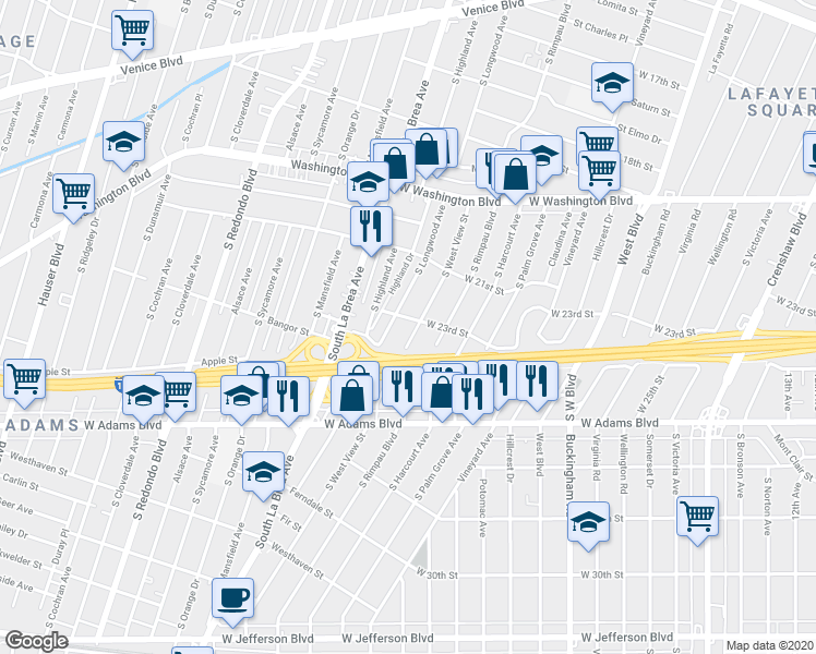 map of restaurants, bars, coffee shops, grocery stores, and more near 2334 South West View Street in Los Angeles