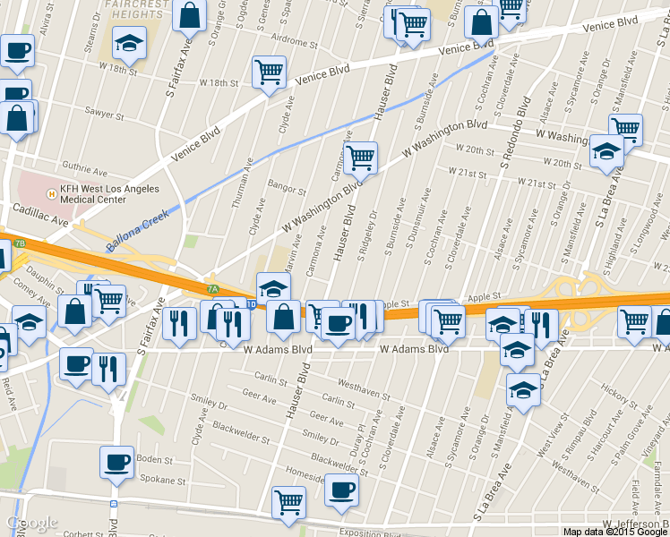 map of restaurants, bars, coffee shops, grocery stores, and more near in Los Angeles