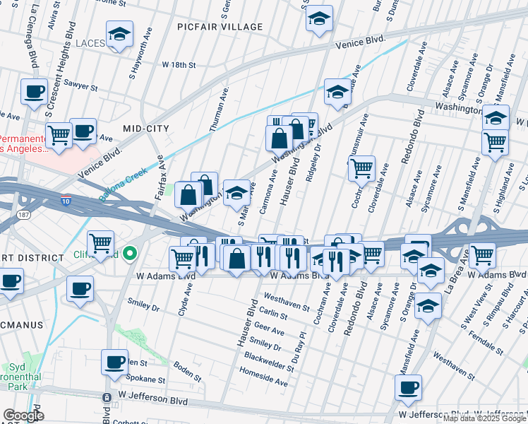 map of restaurants, bars, coffee shops, grocery stores, and more near in Los Angeles