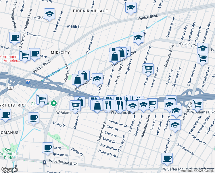 map of restaurants, bars, coffee shops, grocery stores, and more near in Los Angeles
