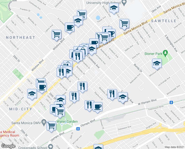 map of restaurants, bars, coffee shops, grocery stores, and more near 1537 Berkeley Street in Santa Monica