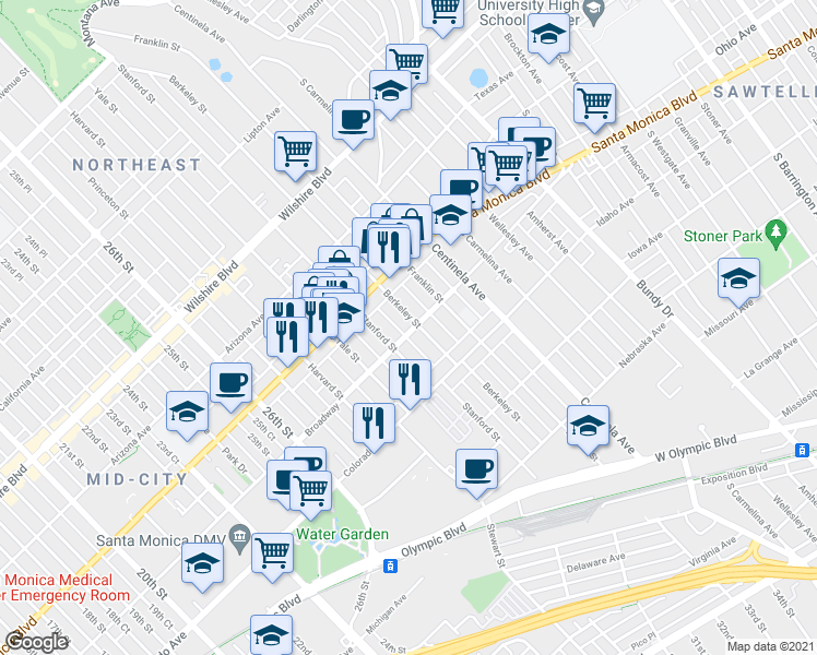 map of restaurants, bars, coffee shops, grocery stores, and more near 1507 Stanford Street in Santa Monica