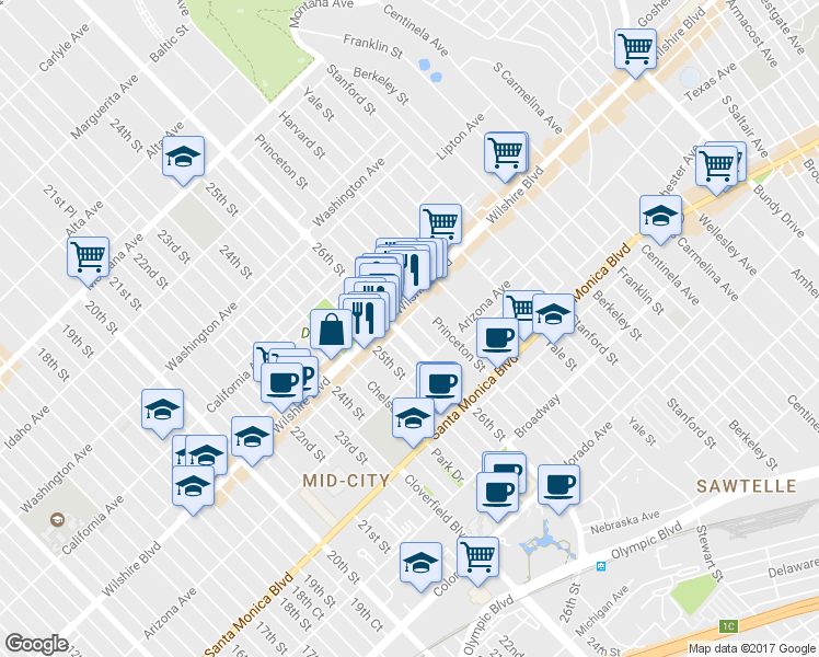 map of restaurants, bars, coffee shops, grocery stores, and more near 1255 26th Street in Santa Monica