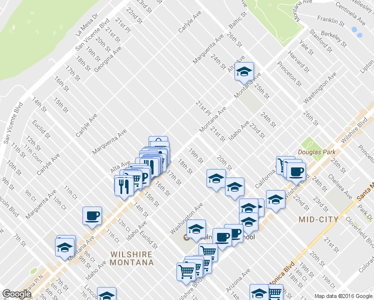 map of restaurants, bars, coffee shops, grocery stores, and more near 811 18th Street in Santa Monica