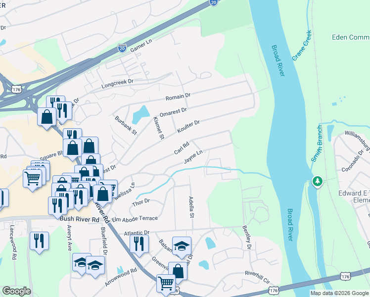 map of restaurants, bars, coffee shops, grocery stores, and more near 1716 Jayne Lane in Columbia