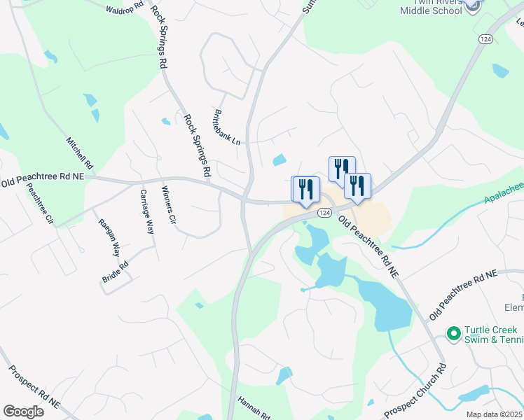 map of restaurants, bars, coffee shops, grocery stores, and more near 1979 Sunny Hill Road in Lawrenceville