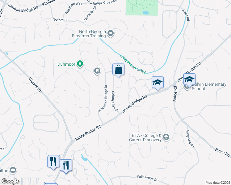 map of restaurants, bars, coffee shops, grocery stores, and more near 10445 Colony Glen Drive in Alpharetta