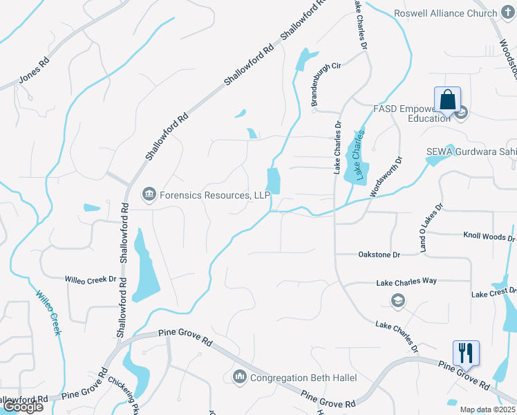 map of restaurants, bars, coffee shops, grocery stores, and more near 560 Indigo Drive in Roswell