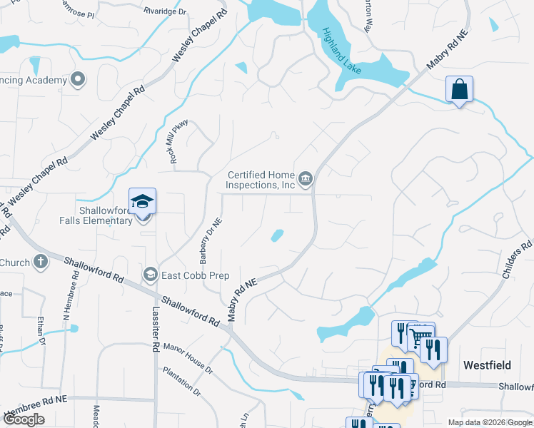 map of restaurants, bars, coffee shops, grocery stores, and more near 3496 Nettle Lane Northeast in Roswell