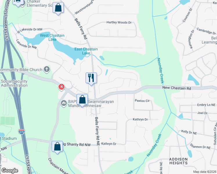 map of restaurants, bars, coffee shops, grocery stores, and more near 2 Sherryforth Drive Northwest in Marietta