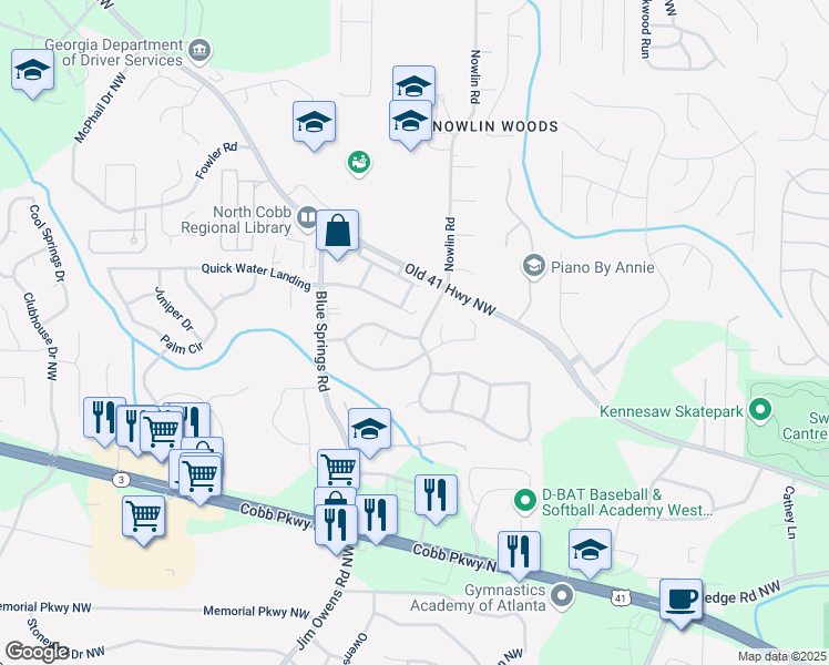 map of restaurants, bars, coffee shops, grocery stores, and more near 3388 Washington Commons in Kennesaw