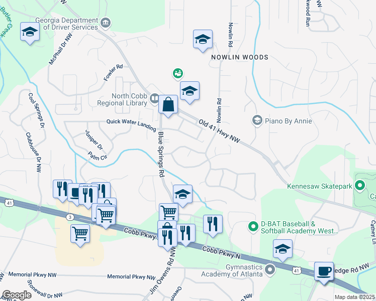 map of restaurants, bars, coffee shops, grocery stores, and more near 3471 Morandis Court in Kennesaw