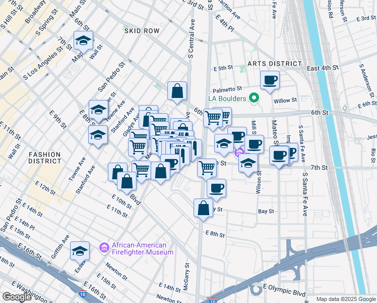 map of restaurants, bars, coffee shops, grocery stores, and more near 767 Alameda Street in Los Angeles