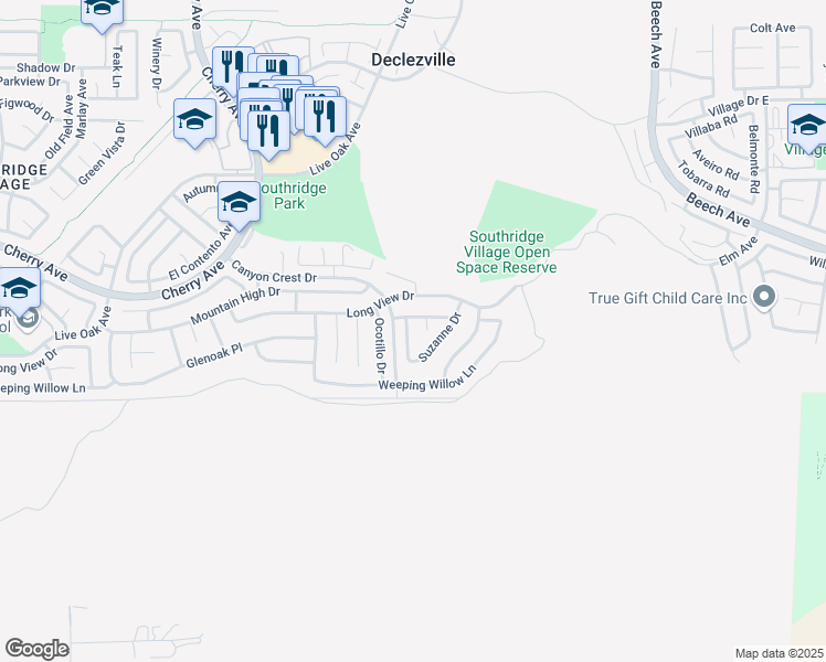 map of restaurants, bars, coffee shops, grocery stores, and more near 11975 Rockridge Drive in Fontana