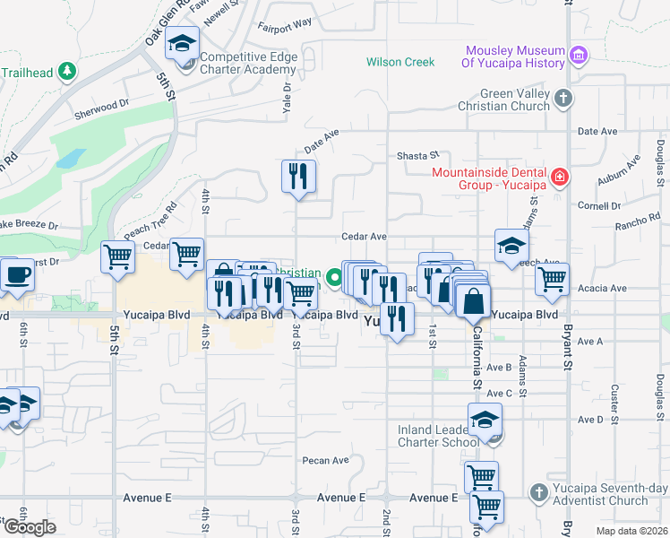 map of restaurants, bars, coffee shops, grocery stores, and more near 34784 Acacia Avenue in Yucaipa