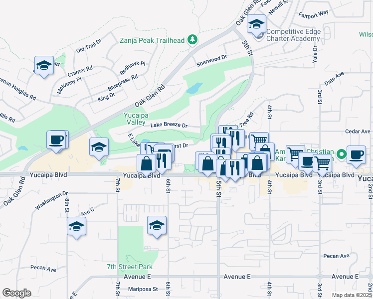 map of restaurants, bars, coffee shops, grocery stores, and more near 34177 Pinehurst Drive in Yucaipa