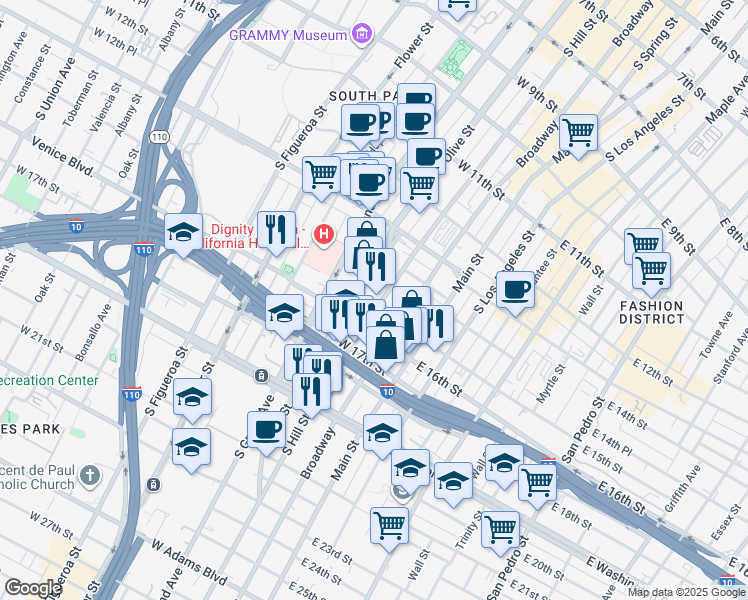 map of restaurants, bars, coffee shops, grocery stores, and more near 1545 South Hill Street in Los Angeles
