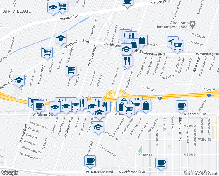 map of restaurants, bars, coffee shops, grocery stores, and more near 5065 Bangor Street in Los Angeles