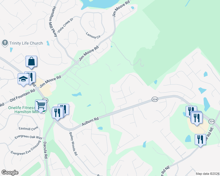 map of restaurants, bars, coffee shops, grocery stores, and more near 3527 Vern Way Northeast in Dacula