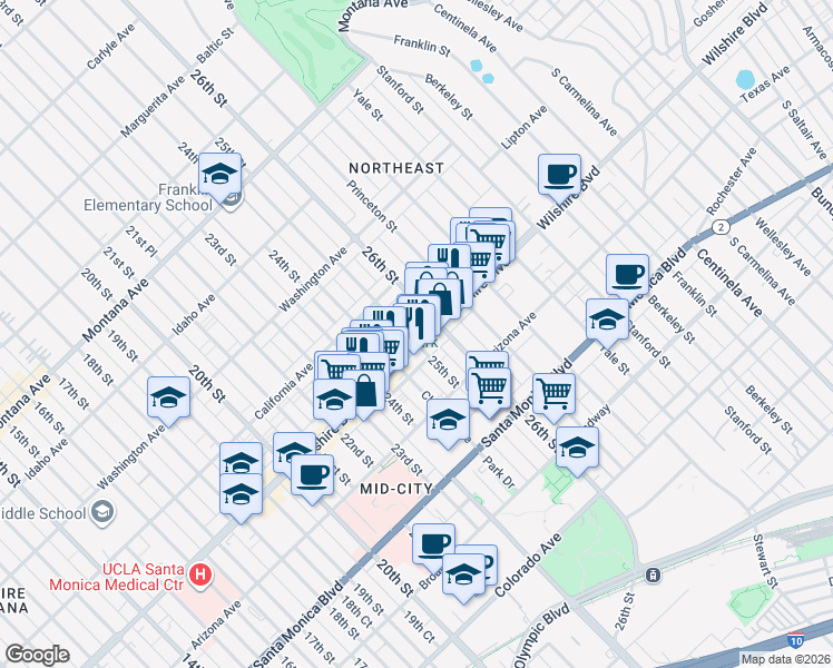 map of restaurants, bars, coffee shops, grocery stores, and more near in Santa Monica
