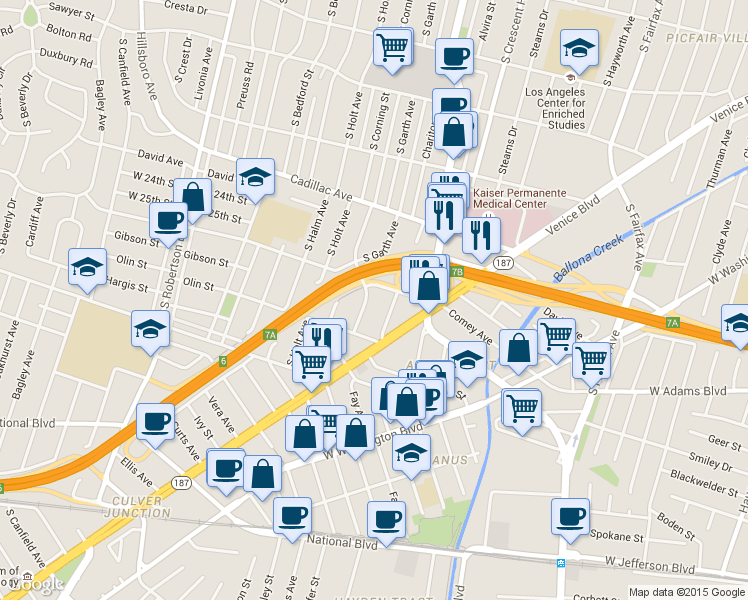 map of restaurants, bars, coffee shops, grocery stores, and more near 2614 South Garth Avenue in Los Angeles