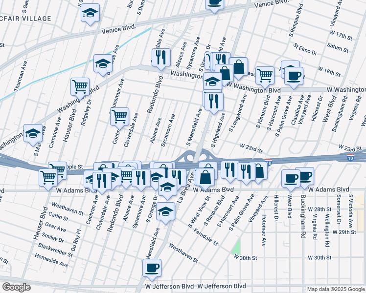 map of restaurants, bars, coffee shops, grocery stores, and more near 5065 Bangor Street in Los Angeles