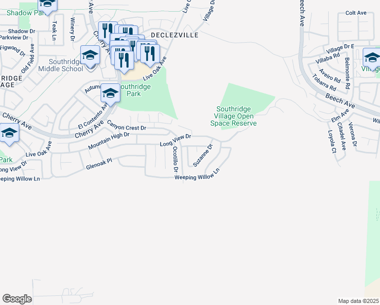 map of restaurants, bars, coffee shops, grocery stores, and more near 11975 Rockridge Drive in Fontana