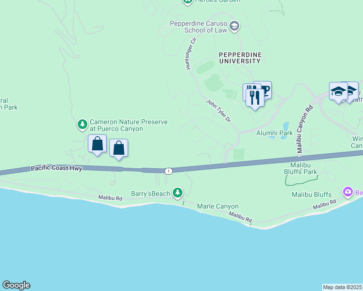 map of restaurants, bars, coffee shops, grocery stores, and more near 24650 Blue Dane Lane in Malibu