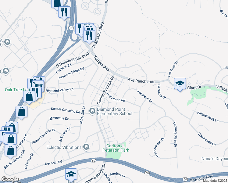 map of restaurants, bars, coffee shops, grocery stores, and more near 24111 High Knob Road in Diamond Bar