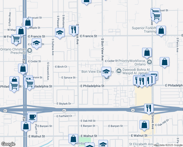 map of restaurants, bars, coffee shops, grocery stores, and more near 2064 South Taylor Place in Ontario
