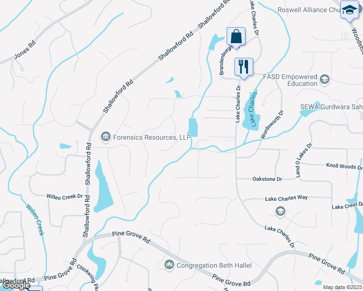 map of restaurants, bars, coffee shops, grocery stores, and more near 560 Indigo Drive in Roswell