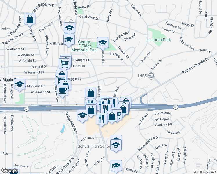 map of restaurants, bars, coffee shops, grocery stores, and more near 328 East Gleason Street in Monterey Park