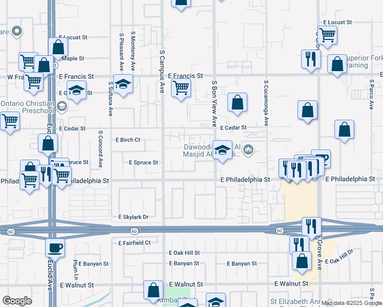 map of restaurants, bars, coffee shops, grocery stores, and more near 2064 South Taylor Place in Ontario