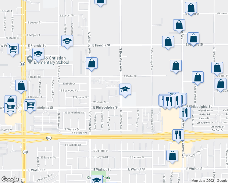 map of restaurants, bars, coffee shops, grocery stores, and more near 2064 South Hope Place in Ontario