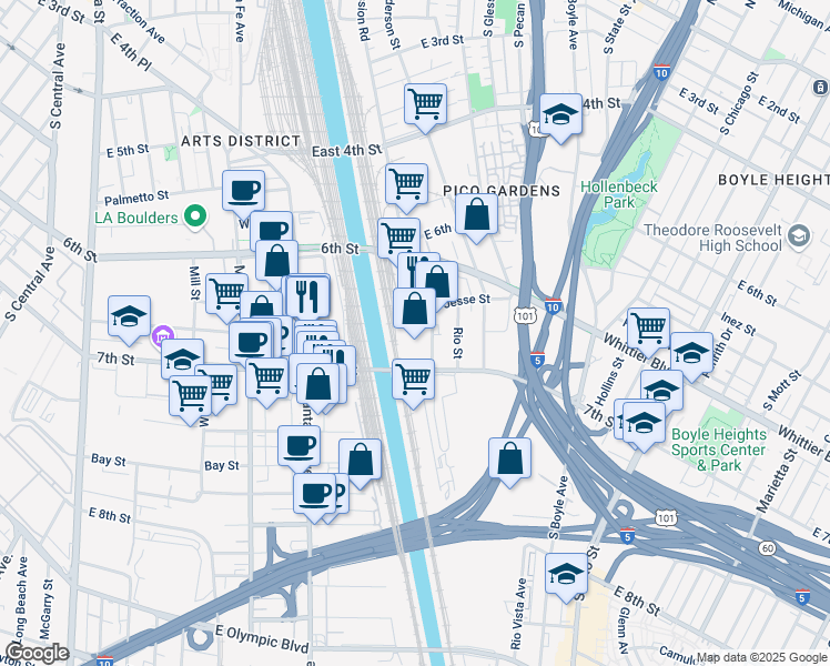 map of restaurants, bars, coffee shops, grocery stores, and more near 2185 East 7th Street in Los Angeles