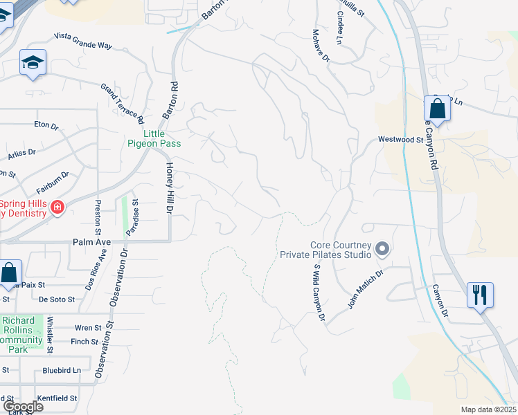 map of restaurants, bars, coffee shops, grocery stores, and more near Westwood Lane in Grand Terrace
